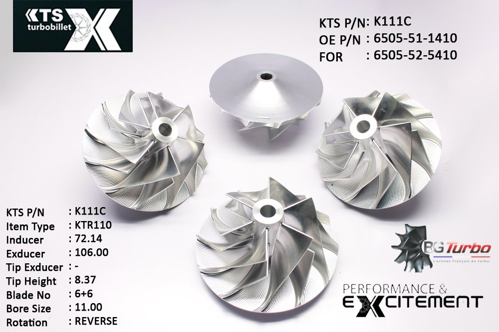 Turbo ROUE FORGÉE MFS PERFORMANCE - 6+6 PALES - INDUCER : 72,14 - EXDUCER : 106 - TYPE : KTR110ANGLE : 50° - ROTATION : Reverse - SUPER BACK : 9,05 - BORE SIZE : 11
